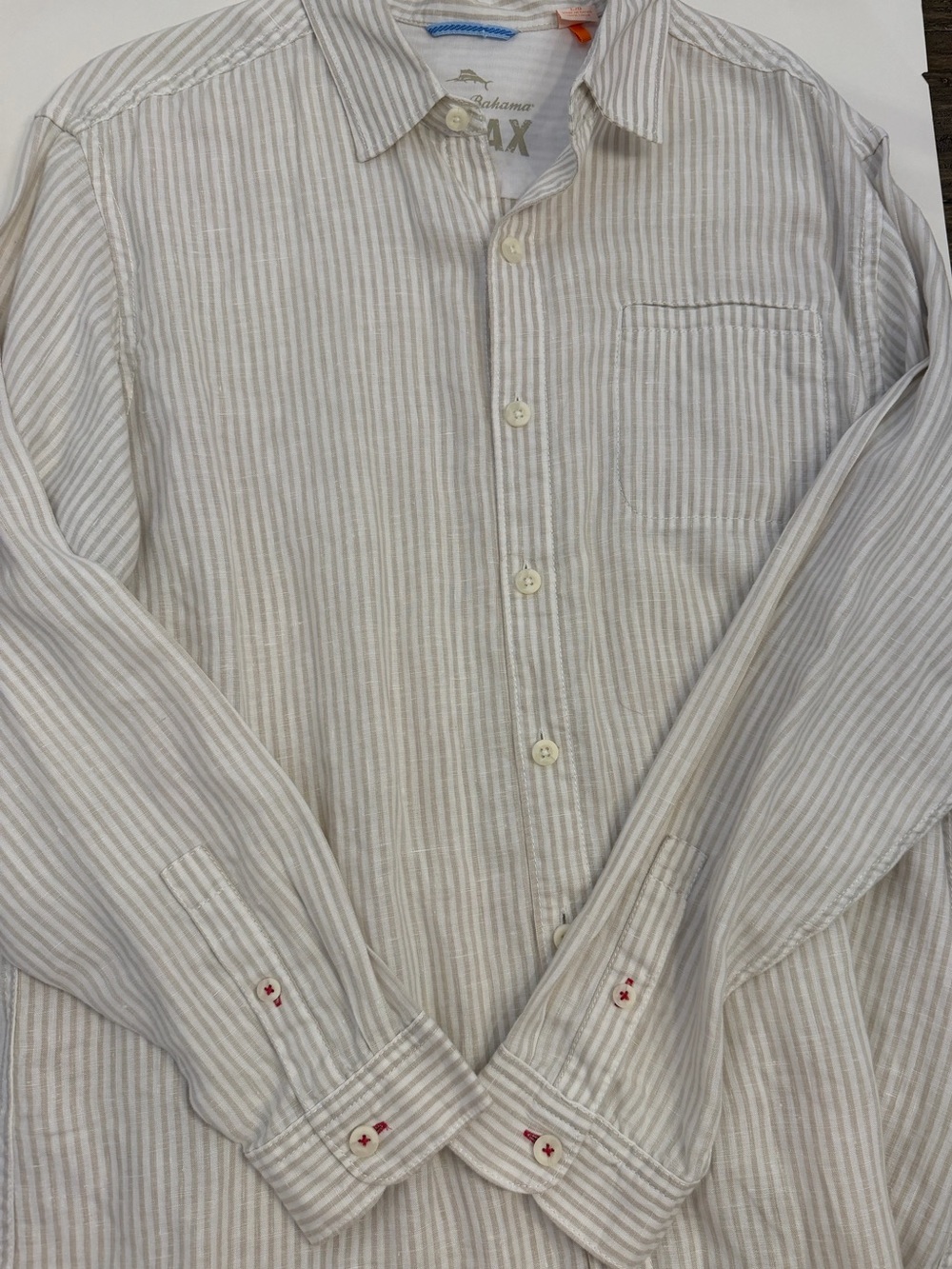 Tommy Bahama Beige White Striped Linen Button-Down Shirt men’s size large